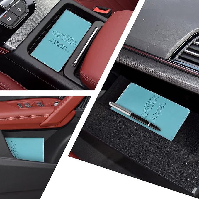 Car Registration and Insurance Card Holder for Women Men, Blue Glove Box Paperwork Organizer with Magnetic Buckle for Easy Access and Protect Documents and Various Cards in Vehicle
