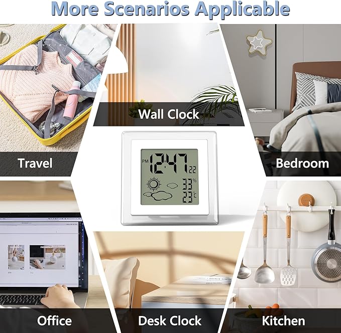 Small Clock Digital Battery Operated Alarm Clock with Auto Backlight, Indoor Temperature Humidity, 12/24H, Date, Travel Alarm Clock Desk Clock Small Clock for Shelf (Battery Included)