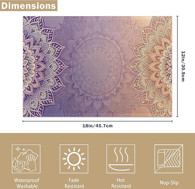 Linen Placemats Set of 6, Mandala Floral Orange Washable Table Mats 12x18 Inch, Heat Resistant Non Slip Placemats for Dining Table Kitchen Everyday Use