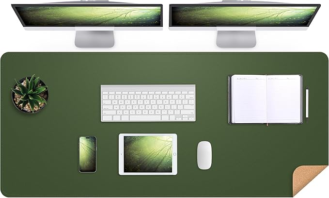 AFIING Cork Desk Mat 47" x 17", Dual-Sided Natural Cork & PU Leather Desk Pad, Non-Slip Waterproof Large Mouse Pad for Office, Home & Gaming (Military Green)