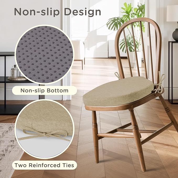 Windsor Chair Cushions for Dining Chairs 4 Pack Non Slip Kitchen Seat Cushion with Ties and Washable Covers Indoor Comfortable Seat Pad with Thick Foam 16.5" x 15.5" x 2" Beige