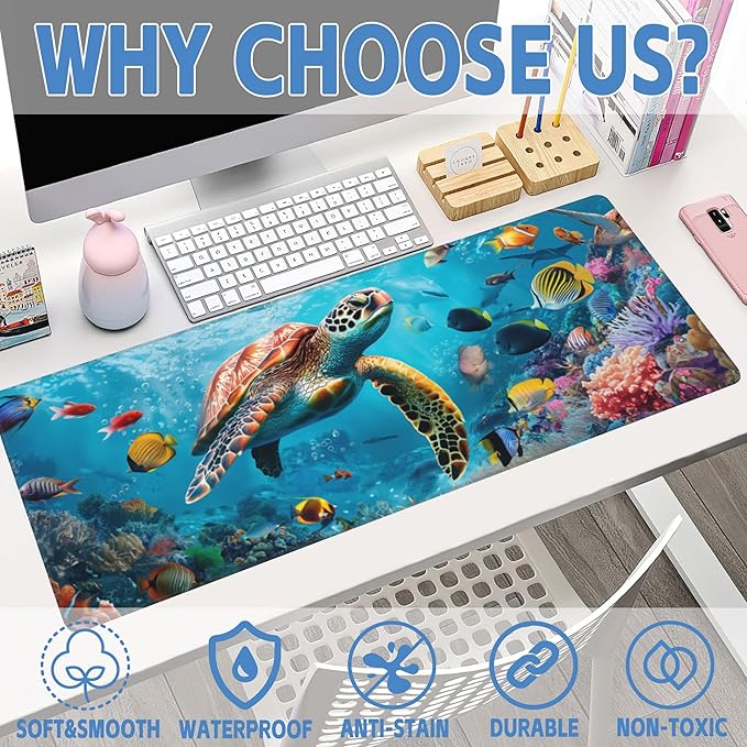 XL Mouse Pad,Sea Turtle with Colorful Fish Large Gaming Mouse Pad,The Underwater World Desk Mat,Extended Big Computer Keyboard Desk Pad with Non-Slip Base Stitched Edges 31.5"x11.8"