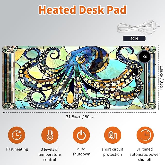 Heated Mouse Pad,Warm Desk Pad with 3 Levels Heating & 3 Hours Auto Shut-Off, PU Leather Heated Desk Pad Warmer Pad for Home Office - 31.5 x 13 inch,Fun Octopus