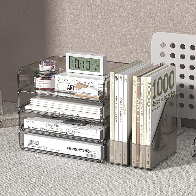 FANXIYQ 4-Tier Horizontal Acrylic Paper Tray Organizer with Booends | Clear Stackable Desk Organizer for Documents, Letters, A4 Paper | Modern Office/Classroom/Home Organization,Brown