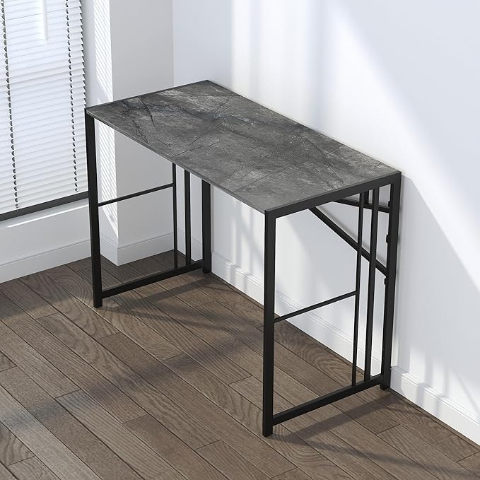 Lutown-Teen Narrow Folding Computer Desk 35 inch, Writing Gaming Computer Desk for Small Spaces, No Assembly Required Small Office Table, Grey