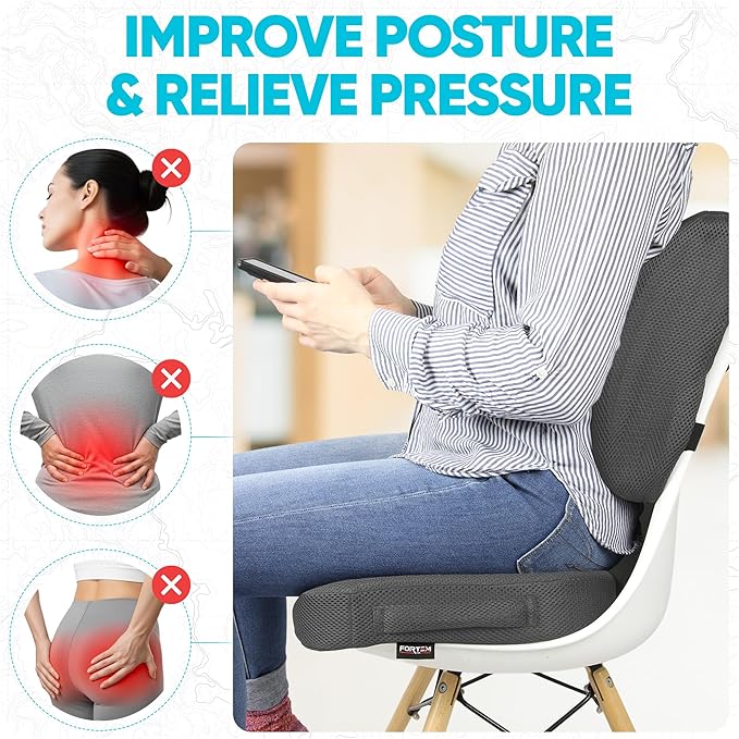 FORTEM Seat Cushion, Office Chair Cushion, Lumbar Support Pillow for Office Chair, Memory Foam Car Seat Cushions, Sciatica Coccyx Tailbone Pain Relief, Cushions for Back Support, Washable, Non Slip