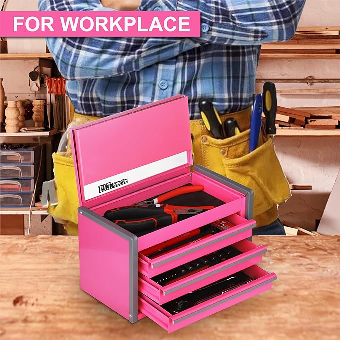 P.I.T. Mini Tool Box 8.6"W X 4.6"D, Portable 3 Drawer Steel Stackable Pink Tool Box with Magnetic Tab Locking, Pink Micro Top Chest with Liner for Tools Storage and Organizers, Home DIY