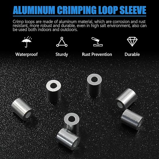 100Pcs Wire Rope Stop Sleeves, 1/16 Inch (1.5mm) Aluminum Crimping Loop Sleeve Round Cable Stop for Wire Rope