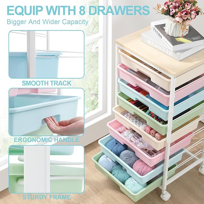 SYKIARIOL Rolling Storage Cart with Drawers,Utility Cart With 8 Drawers and Wooden Tabletop,Rolling Drawer Cart,Storage Drawer Cart for Living Room,Classroom,Bedroom,Bathroom,Dorm,Office,Rainbow