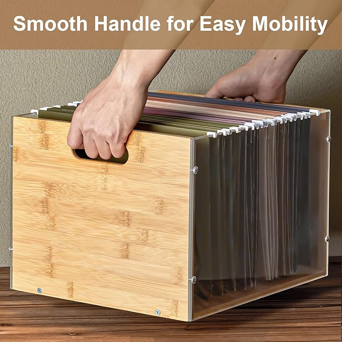 Sbanmao 3 Pack Hanging File Organizer, Clear Acrylic File Box Organizer, Bamboo Filing Box File Crate Organizer Storage Boxes, Portable Filing Organizer with Handle for Letter Size