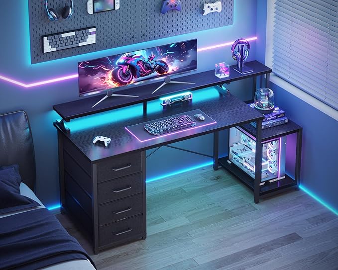 ODK 55 Inch Computer Gaming Desk with LED Lights & 4 Drawers, Home Office Desk with Monitor Stand & Storage Shelves, Black