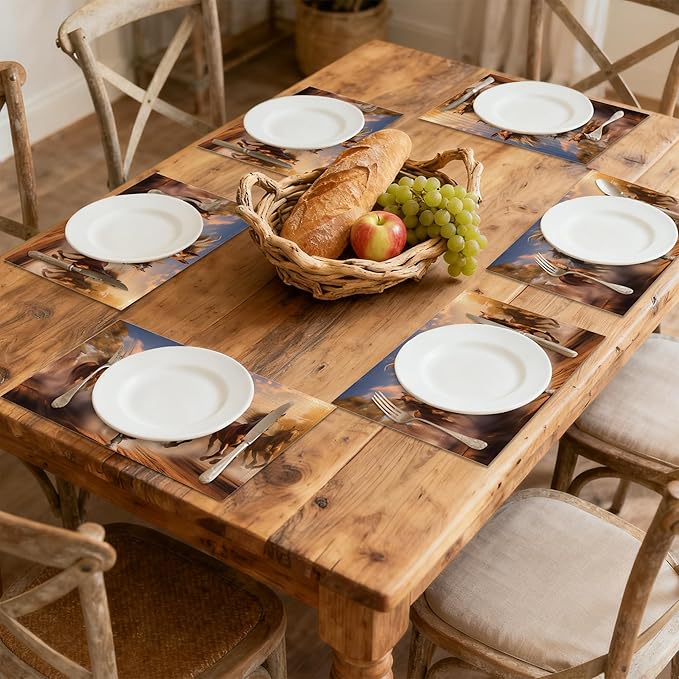 Placemats Set of 6, Running Herd Horse Linen Placemats 12x18 Inch, Heat Resistant Table Mats, Washable Non Slip Place Mats for Dining Table Kitchen Home