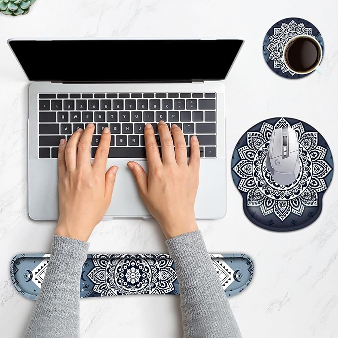 Keyboard Wrist Rest, Ergonomic Mouse Pad Wrist Support, Memory Foam Wrist Rest, Anti-Slip Base, Mousepad with Coaster for Computer Keyboard Office Home, Mandala