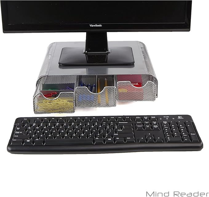 Mind Reader Perch Monitor Stand Desk Organizer, Silver Metal Mesh