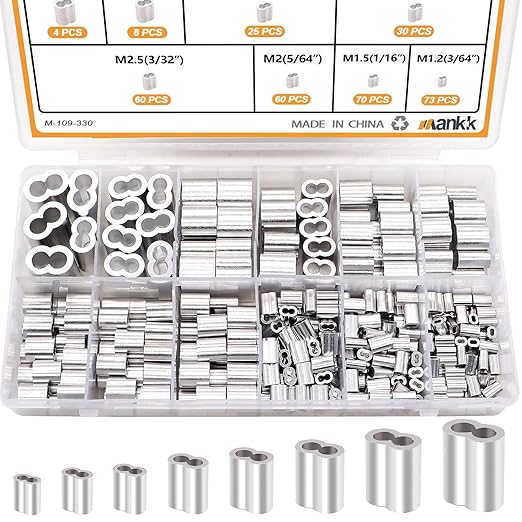 mankk 330Pcs Aluminum Crimping Loop Sleeve 8 Sizes (3/64'' 1/16'' 5/64'' 3/32'' 1/8'' 5/32'' 3/16'' 1/4'') Wire Rope Sleeves Double Cable Ferrules Kit M-109-330PCS