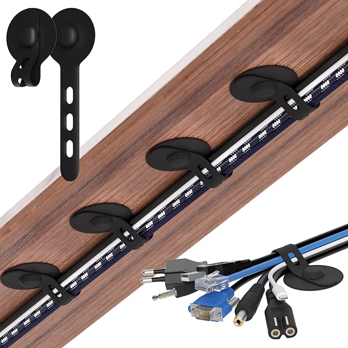 Cable Management Under Desk, Adjustable Self-Adhesive Silicone Cable Ties Cord Organizer, Reusable Heavy-Duty Cord Holder Under Table for Office, Home, School (20Pcs-Black)