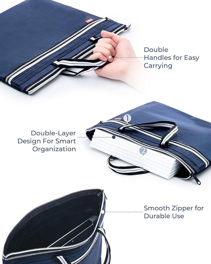 M&G Zipper Pouch with Handle 12x15 in Large Pocket File Bag, Double-Layer Large Capacity Waterproof, A4 Foldable Document Storage Bag, Suitable for Office Carrying Paper Documents Books 1 Pack (Blue)
