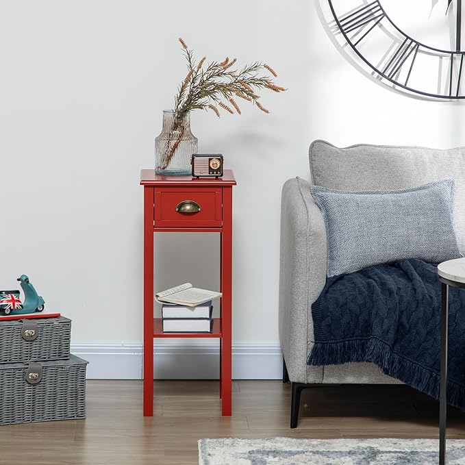 HOMCOM Narrow End Table with Drawer and Bottom Shelf, Slim Side Table for Small Spaces, Skinny Modern Accent Desk for Living Room, Set of 1, Red