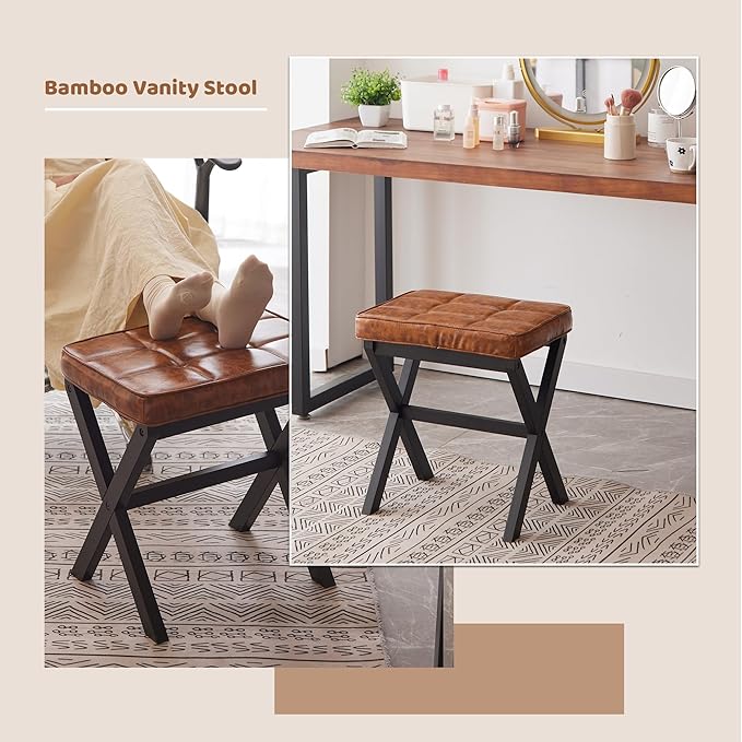 Foot Stool Small Ottoman Foot Rest Padded Foot Stool Desk for Under Office Desk Vanity Stool Bamboo Footstool Sofa Footrest Shoe Stool Small Foot Stools (Black Legs + Patterned Brown)