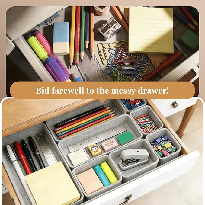 8pcs Felt Desk Drawer Organizer Tray, 4 Sizes Drawer Organizers Set for Office Supplies, Jewelry, Makeup, Cosmetics, Desk & Drawer Storage (Light Gray)
