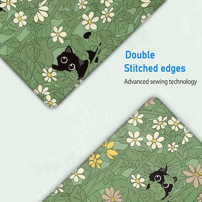 Large Green Gaming Mousepad,Cat Cute Desk Decor Mat,Kawaii Black Cat Plant Aesthetic Extended Keyboard Mouse Pad with Non-Slip Base and Stitched Edge,31.5 x 12in