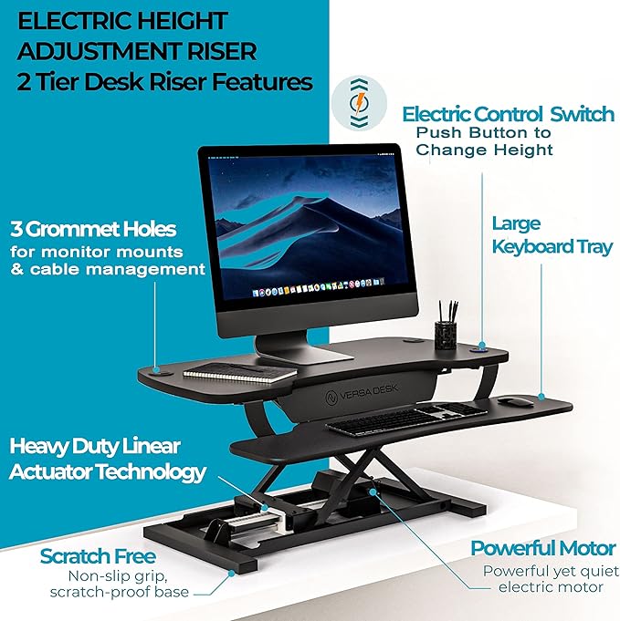 VERSADESK PowerPro 36 Inch Electric Standing Desk Converter – Push-Button Height Adjustable Sit to Stand Desk Riser for Dual Monitors & Laptop – Motorized Desktop Workstation with Wide Keyboard Tray