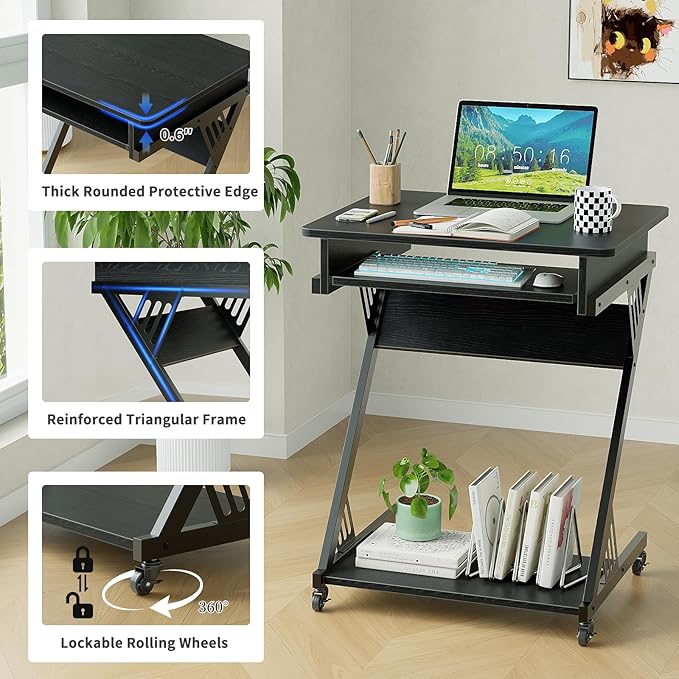 ALISENED Computer Desk for Small Spaces,23.6" Z-Shaped Compact Study Table with Smooth Keyboard Tray,with Wheels and Bottom Shelves for Home Office，Computer Cart Mobile Laptop Cart