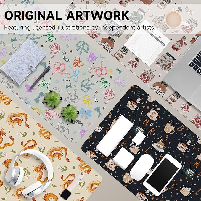 AUPET Leather Large Mouse Pad Desk Blotters – 35 x 17in Cute Desk Mat with PU Surface, Non-Slip Desk Pad Protector,Waterproof Desk Writing Pad for Office Home (Bow ties)