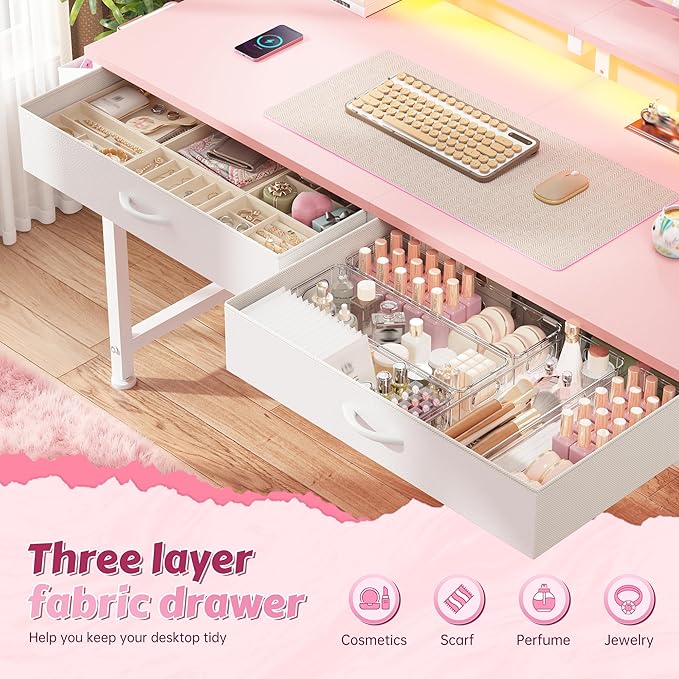 DurayLoly 47.3 Inch Office Computer Desk with LED Lights & 2 Fabric Drawers, Gaming Desk with Side Pocket & Ergonomic Monitor Stand, Small Space Study Writing Table with Anti-Tip Design,Pink