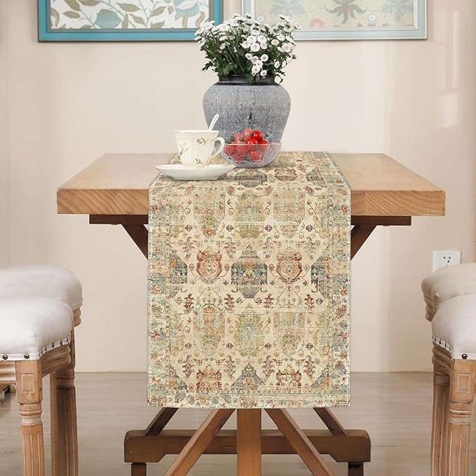 Boho Floral Beige Table Runner,Vintage Elegant Farmhouse Table Center Linen Decor,Country Rustic Farmhouse Magical Fall Kitchen Dining Table Decoration for Home Dining Party Decor 13x72 Inch