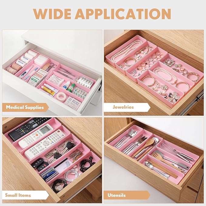 Teling 6 Pcs Pink Large Rectangular Desk Organizer Set, Half Accessory Tray, Plastic Tabletop Organizer for Office, Home, or Study, Dimensions: 9.45 x 2.95 x 1.38 Inches