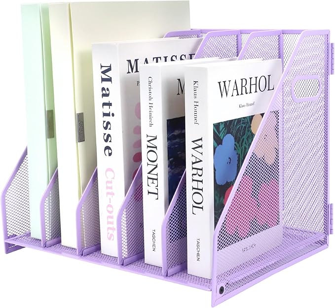 Desk Organizers Metal Magazine File Holder Racks Desktop Folder Storage Binder Organiser Document Organization for Home Office & Classroom,5 Vertical Compartments-Purple