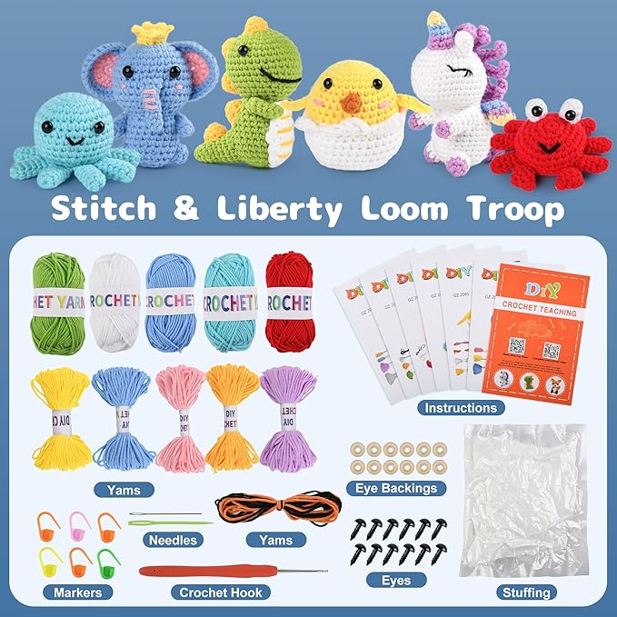 MINGOMINGO Crochet Kit for Beginners Kids - 6 Animal Amigurumi, Mother's Day Birthday Craft Gift Set, Step-by-Step Video Tutorials, 40%+ Yarn, Knitting Starter Kit for Girls Women Adults