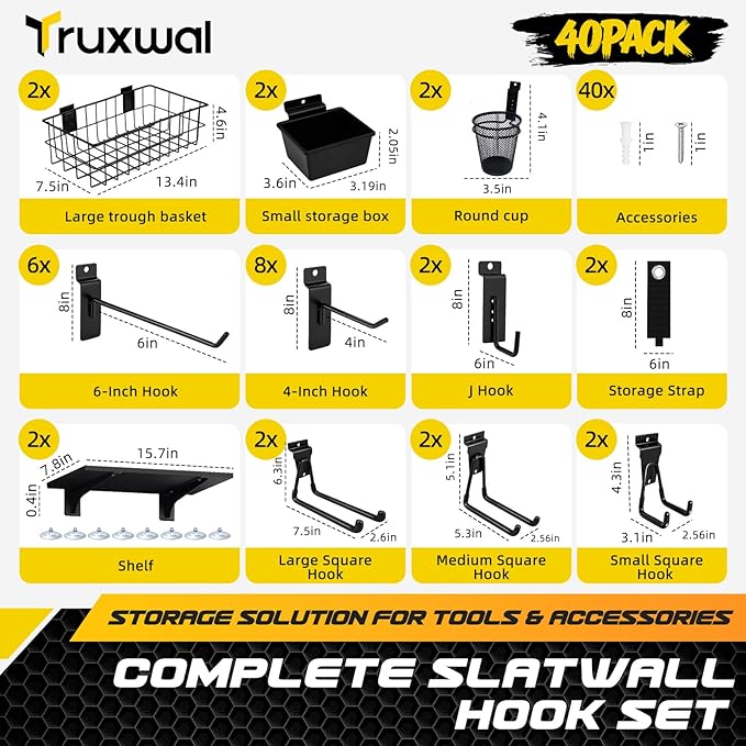 40PCS Slatwall Accessories Organizer Kit with Slatwall Hooks, Shelves, Baskets, Bins, Cups & Straps, Includes Mounting Screws – Heavy Duty Wall Storage Set for Garage, Workshop & Utility Room