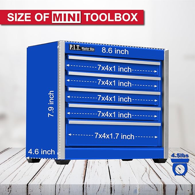 P.I.T. Mini Tool Box 8.6"W X 4.6"D, Portable 5-Drawer Micro Steel Stackable Toolbox with Liner, Blue Cute Tool Case for Small Tools Parts Storage, Home DIY