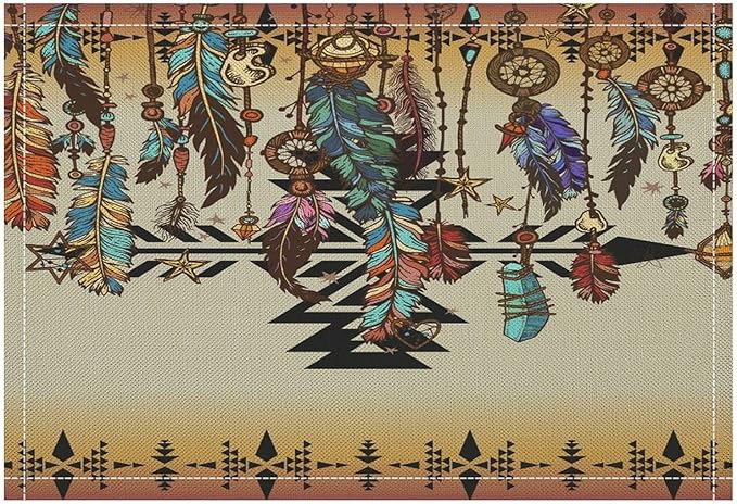 Vintage Aztec Southwest Placemats Ethnic Style Design Boho Geometric Pattern Linen Washable Table Mats Stain Heat-Resistant Desktop Decor Place Mats for Home Kitchen Dining Party 12x18 in 6 Pcs