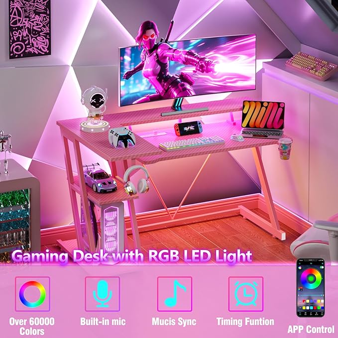 Korfile 40 Inch Pink Gaming Desk with Power Outlet & LED Lights, Corner Computer Desk with 3 Tiers Storage Shelves, L Shaped Gaming Desk with Monitor Stand for Bedroom