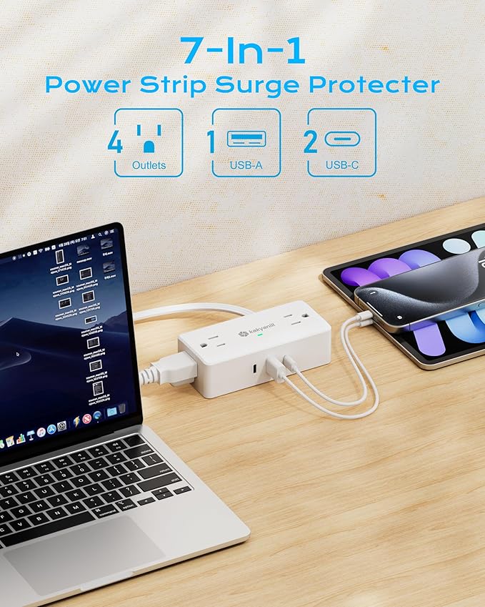 Kakyanill Surge Protector Power Strip, 10 ft Flat Extension Cord with 4 Outlets 3 USB Ports (2 USB C), Flat Plug Power Strip with 900 Joules Protection, Suitable for Home Office Dorm Room, White