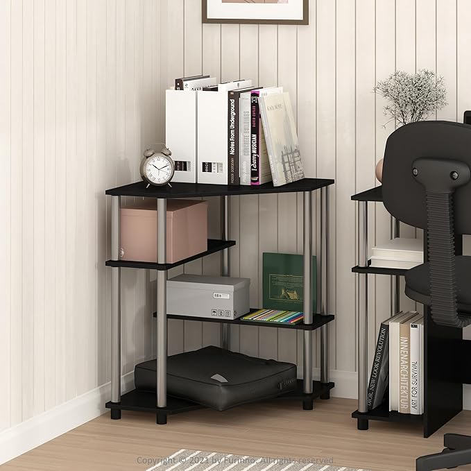 Furinno TURN-N-TUBE Desk, Corner Gaming Desk with Storage Shelves, Corner Computer Desk, Office Desk for Home Office, Bedroom, Americano/Stainless Steel Tubes