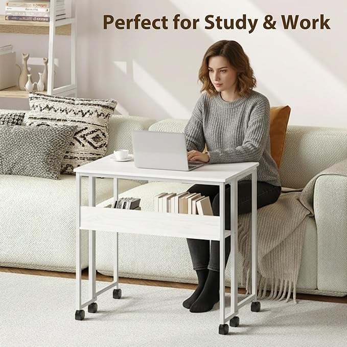 Folding Desk Small Rolling Desk with Storage Shelf,31.5 Inch Foldable Computer Table with Wheels,Portable Office Desk for Small Space Sofa Table,Easy to Fold,Writing Work Office Computer Desk,White