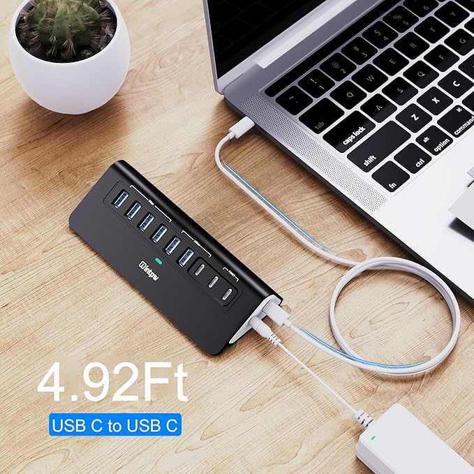Powered USB Hub 10Gbps, intpw YH6AC 9-Port USB HUB with USB A/USB C 3.2, 4 USB 3.0, 2 PD 45W Charging Port, 65W Power Adapter + 4.92FT Cable, Aluminum USB Hub for Laptop, PC,iPhone 17/16