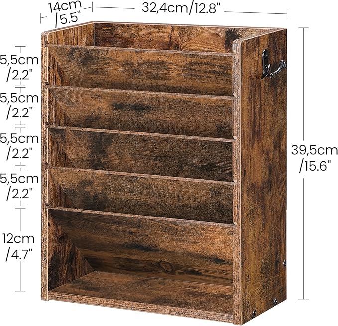 CHOEZON Wall File Organizer, 6-Tier Vertical Mount Hanging Holder with 2 Side Hooks, Vintage Wooden Magazine Storage Crate with Bottom Flat Tray, Desk Organizer, for Office, Home, Rustic Brown MWJ01FG