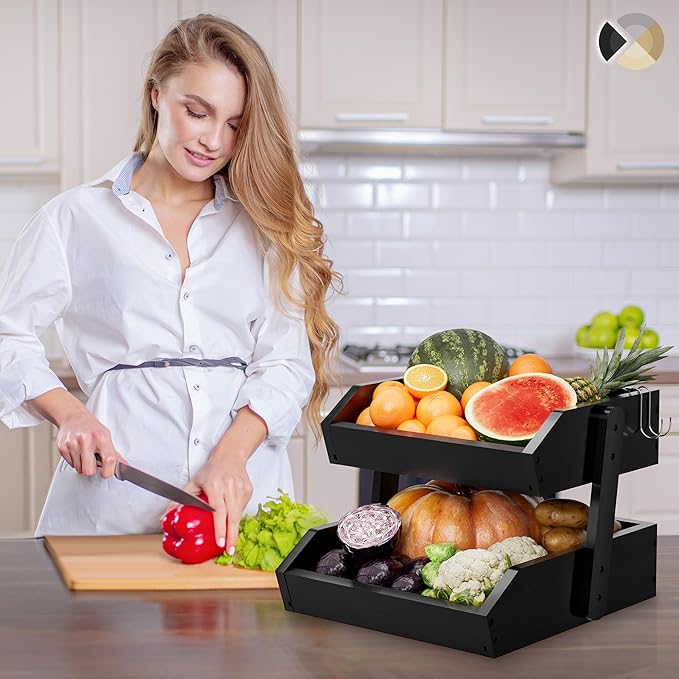 Bamboo 2 Tier Fruit Basket for Kitchen Counter, Large Capacity Fruit Storage Countertop, Fruit Holder, Wood Pantry Organizers and Storage, Kitchen Countertop Organizer With 2 Banana Hangers (Black)