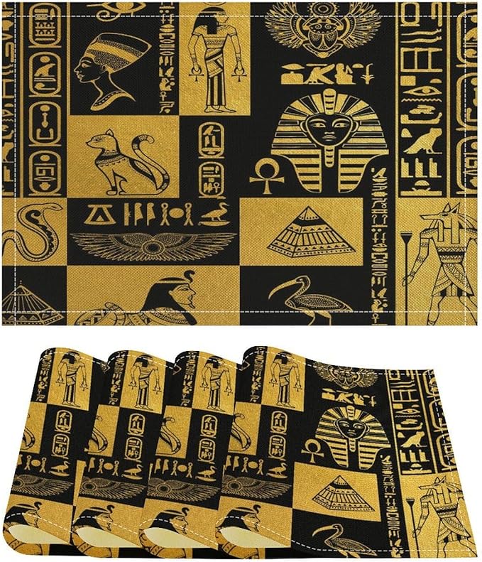 Ancient Egyptian Placemats Ancient Culture Black Golden Egyptian Hieroglyphs Linen Washable Table Mats Stain Heat-Resistant Desktop Decor Place Mats for Home Kitchen Dining Party 12x18 in 6 Pcs