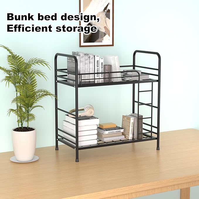 Desktop Shelf Organizer, 2 Tier k Organizer Storage Rack and Frees Up The Space of The Desk, Small Metal Bookshelf with Bunk Bed Design for Dormitory, Home, Office