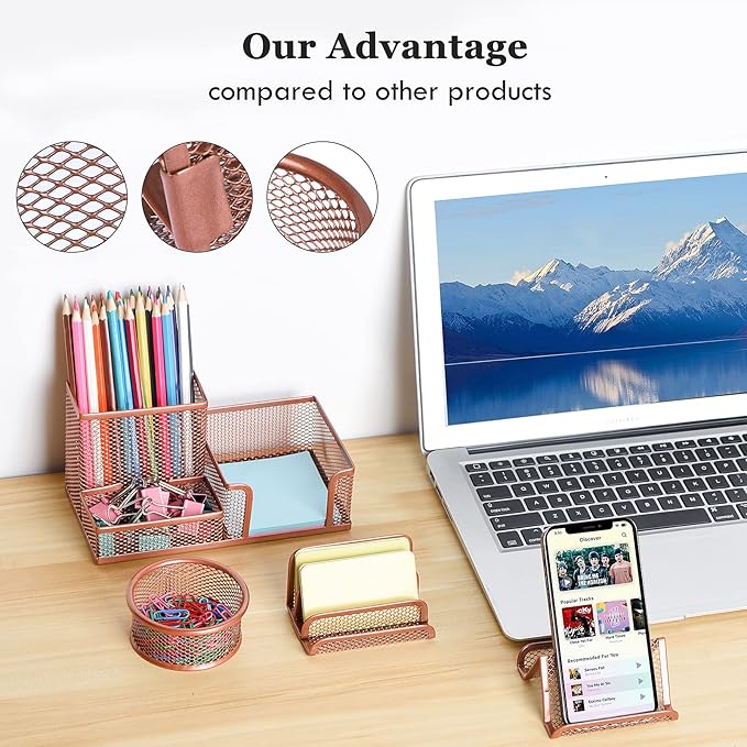 Pen Holder for Desk, 6 Pieces Mesh Desk Organizer set 3 Compartments pens holder, Mail Organizer Letter Holder Home Office Supplies Caddy Storage Baskets for Desktop Accessories(6 Pack, Rose Gold)