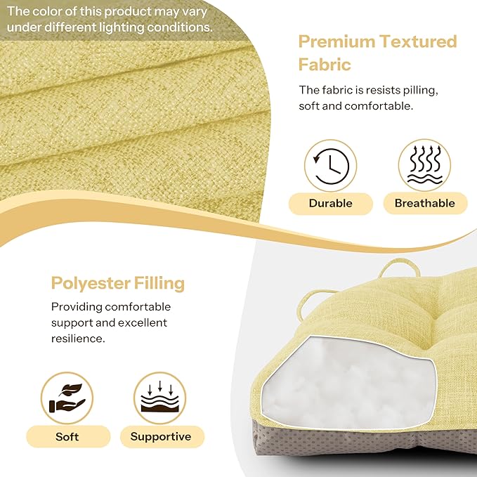 Non Slip Chair Cushions for Dining Chairs Set of 4 Kitchen Chair Cushions 18"x18"x3" Turfted Chair Pads Comfortable and Soft Seat Cushion with Ties, Yellow