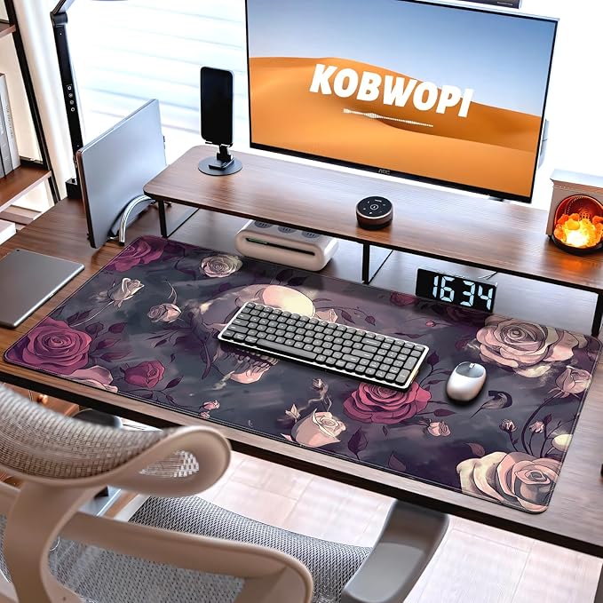 35.4 x 15.7 in, XXL Large Mouse Pad for Desk, Extended Keyboard Mouse Mat for Computer Office, Big Mouse pad with Stitched Edges, Gaming Pc-Skull red Pink Rose Butterfly
