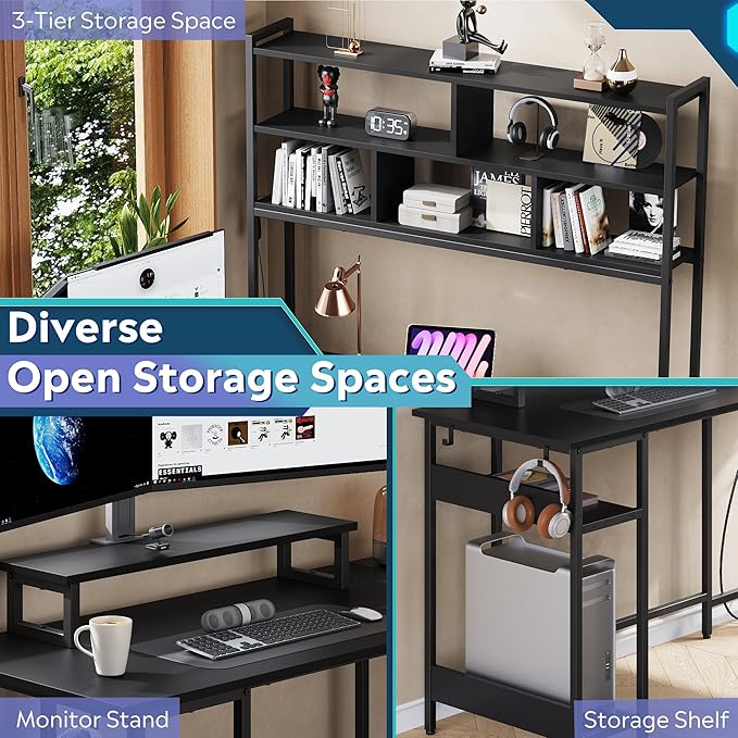 DEVAISE 60 Inch L Shaped Gaming Desk with Drawers and Storage, Corner Desk with LED Lights, Power Outlets, Computer Desk with Monitor Stand, Office Desk for Home, with Hutch, Black