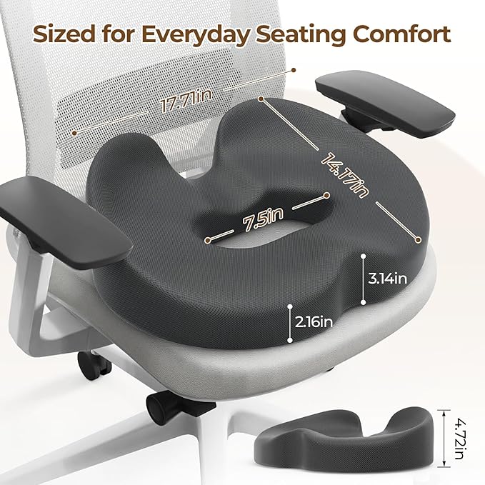 TushGuard Ergonomic Donut Pillow Seat Cushion with Raised Rear Support, Large Memory Foam Cushion for Tailbone, Hemorrhoids & Sciatica Relief, Office Chair, Car, Travel, Postpartum, Grey